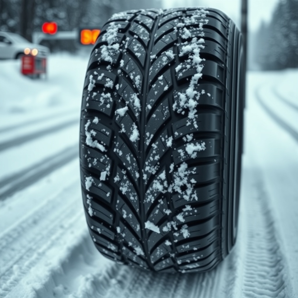 Close-up of Bridgestone Turanza T005 tire tread on snowy road