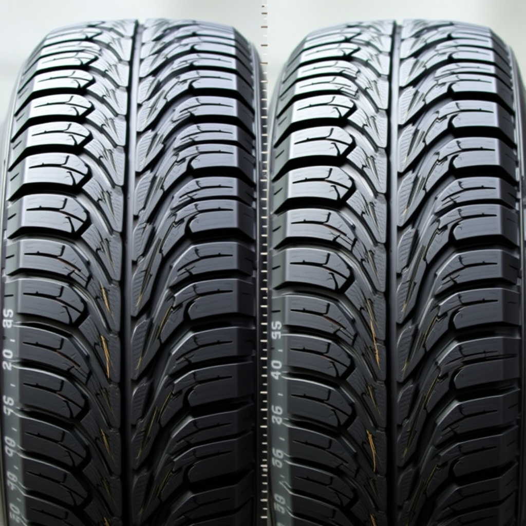Side-by-side comparison of new and worn Bridgestone Turanza T005 tire treads