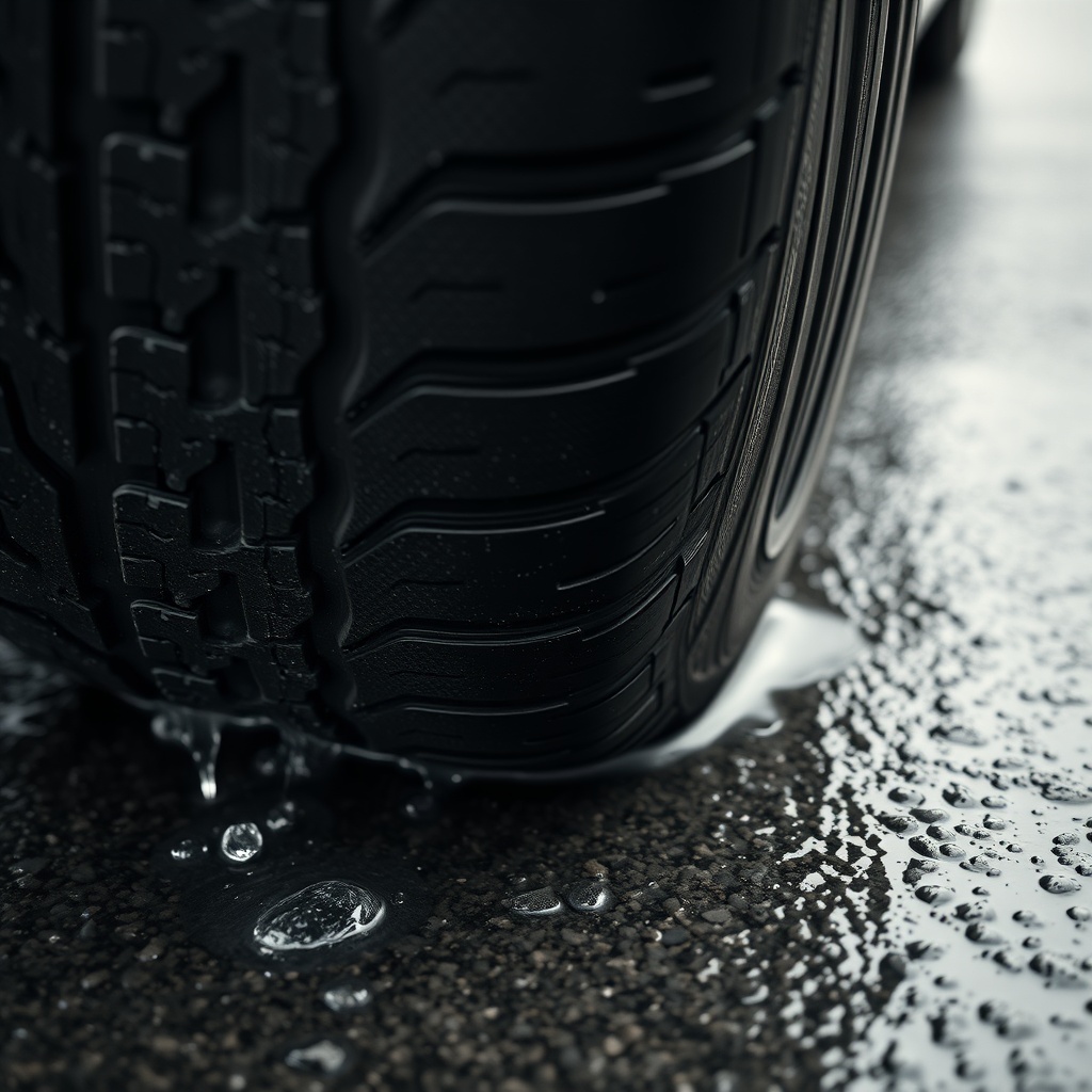 A photorealistic close-up of a Bridgestone Turanza T005 tire on a wet asphalt surface
