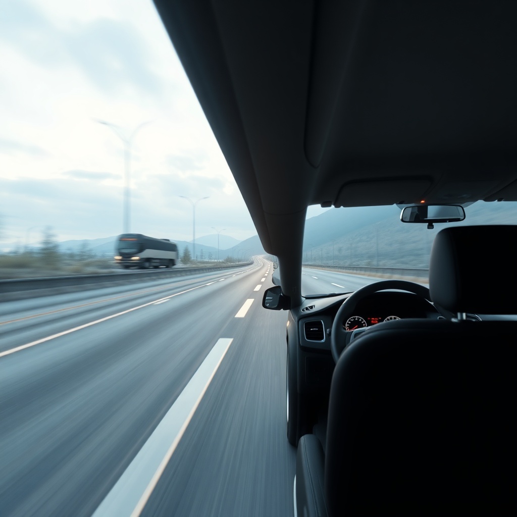 Photorealistic shot of a car driving on a smooth highway with a quiet road surface