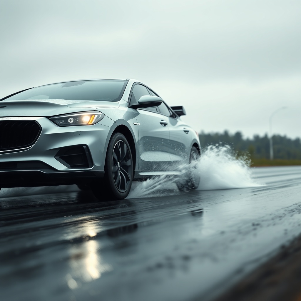 <clean photorealistic photo of a car driving on a wet road with Bridgestone Turanza T005 t