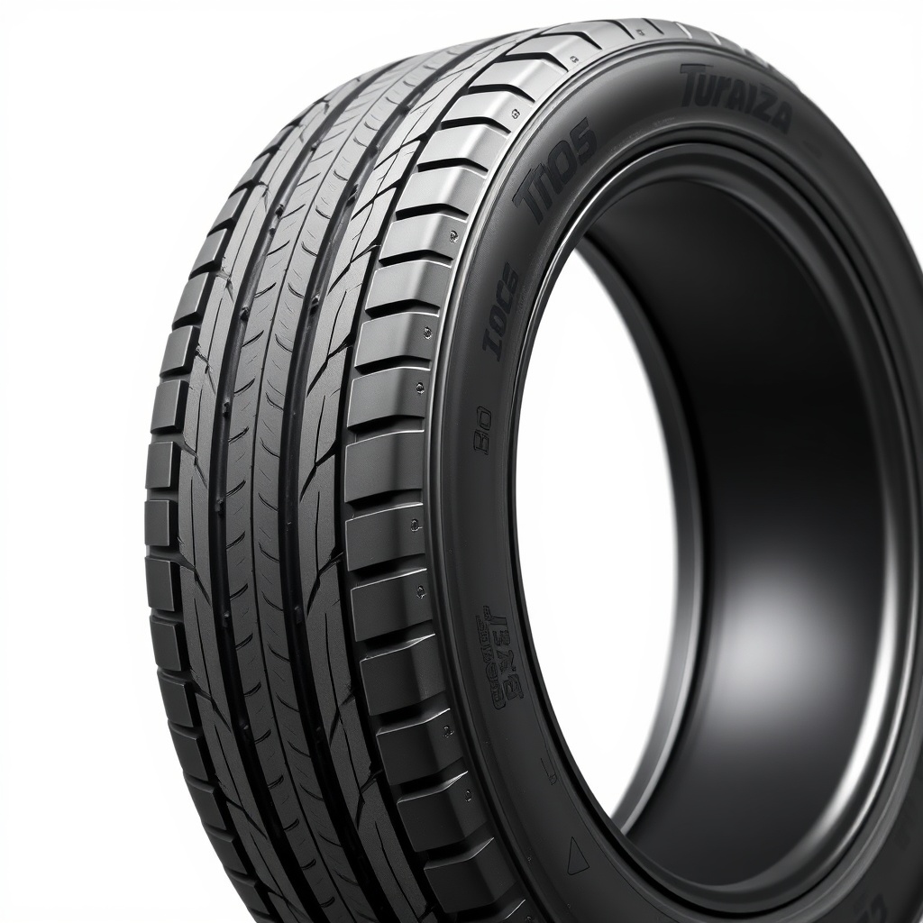 <clean photorealistic photo of a Bridgestone Turanza T005 tire on a white background