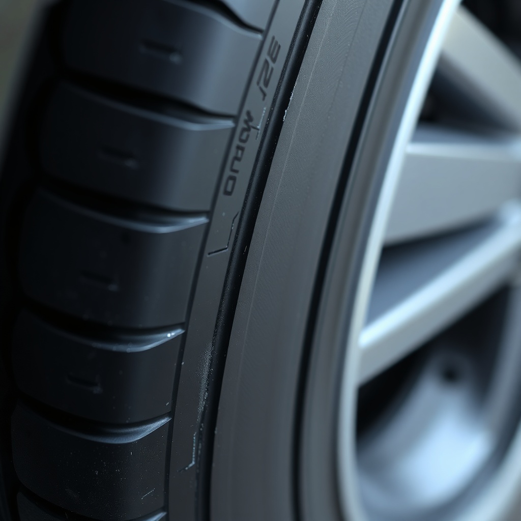 <clean photorealistic photo of a car tire with uneven tread wear pattern on the inner edge
