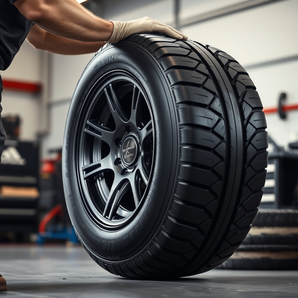 <clean photorealistic photo of a Falken Ziex ZE960 AS-01 tire being inspected by a mechani