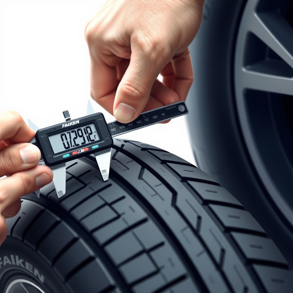 <clean photorealistic photo/illustration of a person measuring tire tread depth with a dig