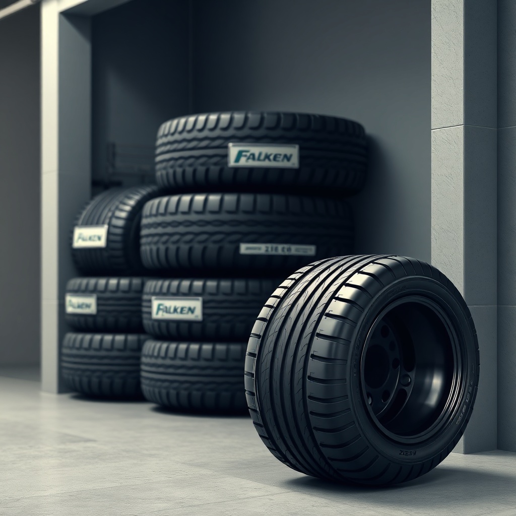 <clean photorealistic photo/illustration of tires stored vertically in a garage