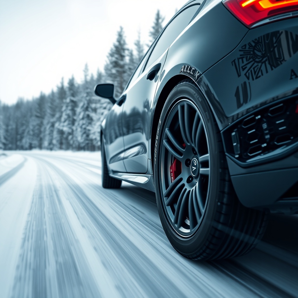 <Clean photorealistic photo of a car driving on snow-covered road with Falken Ziex ZE960 A
