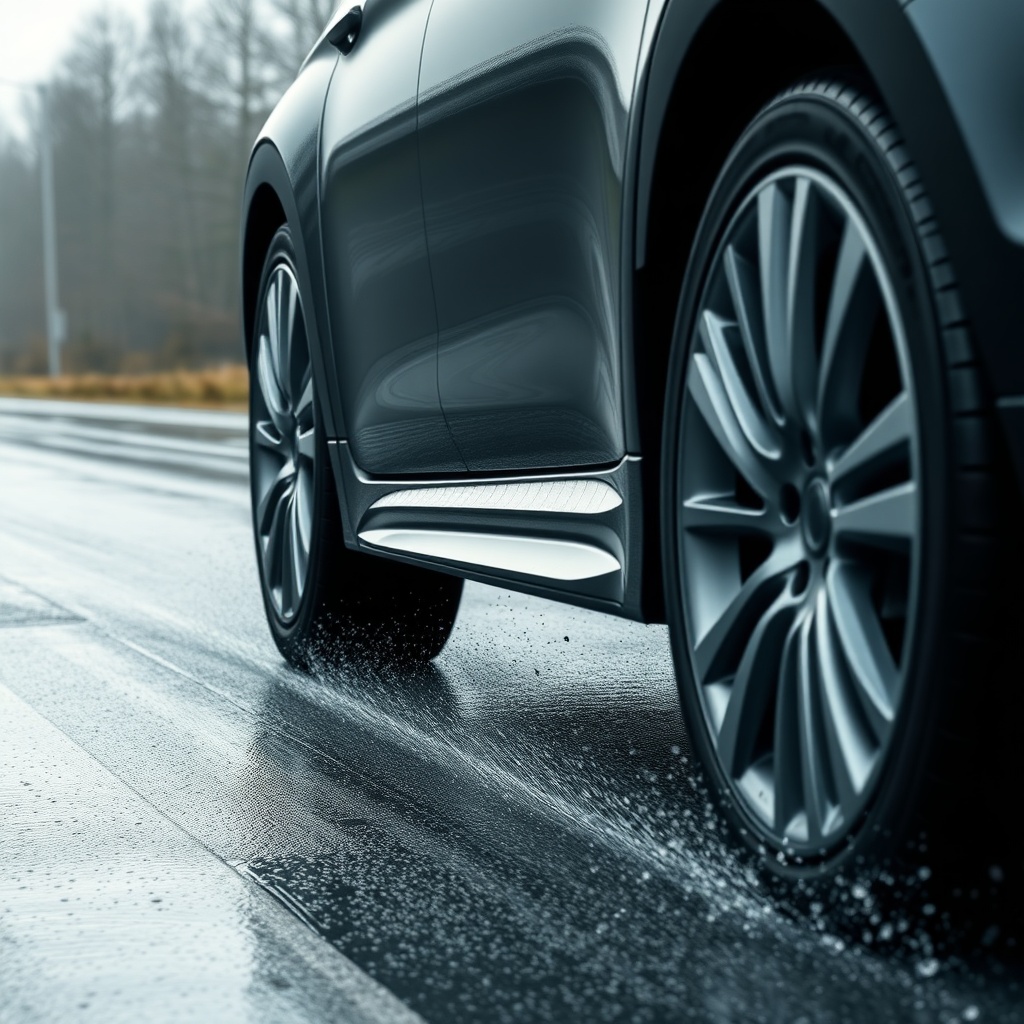 A photorealistic side-view of a car braking on a wet road with water spray