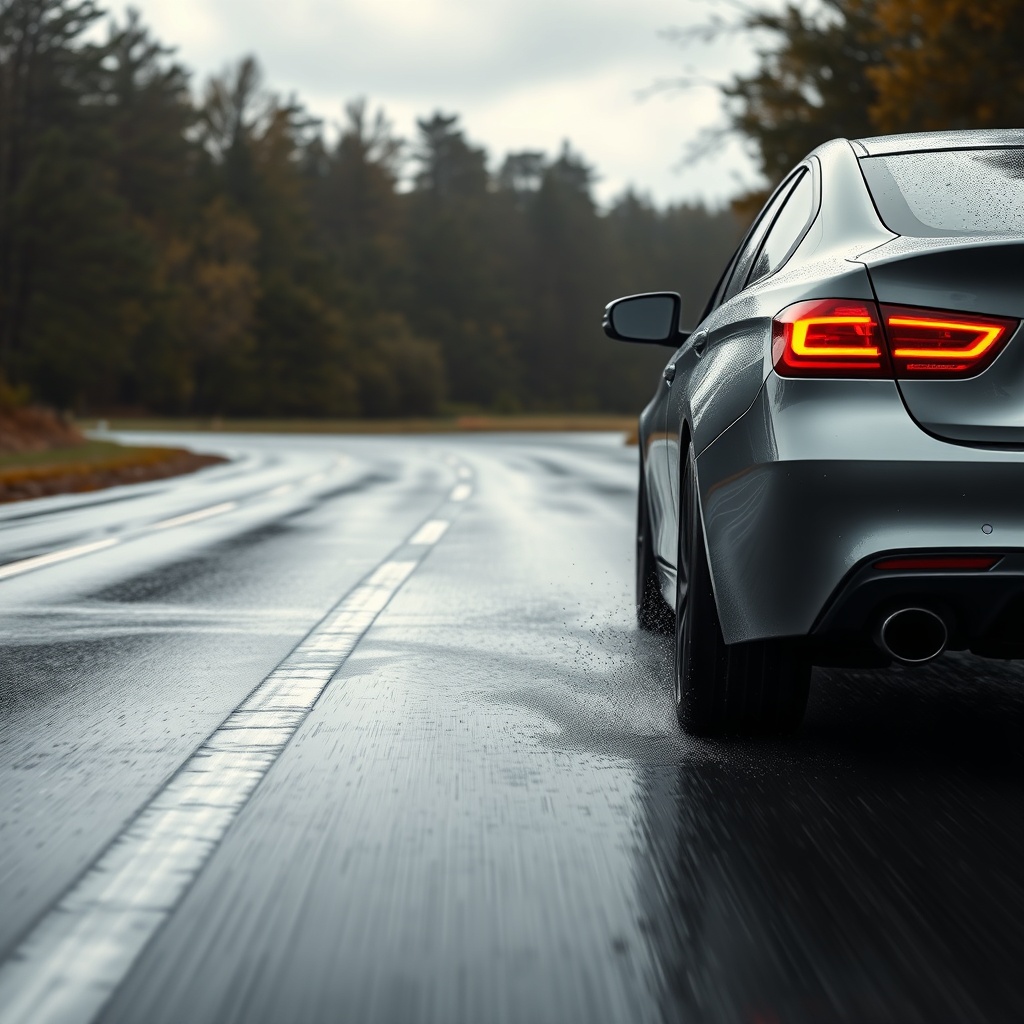 A photorealistic photo of a car driving on a wet road with Falken Ziex ZE960 AS-01 tires