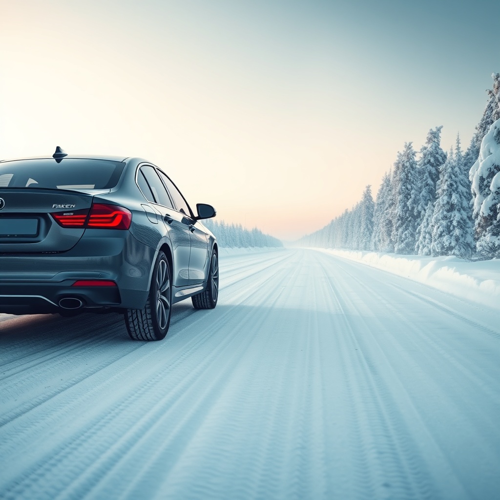 A photorealistic photo of a snowy road with a car using Falken Ziex ZE960 AS-01 tires