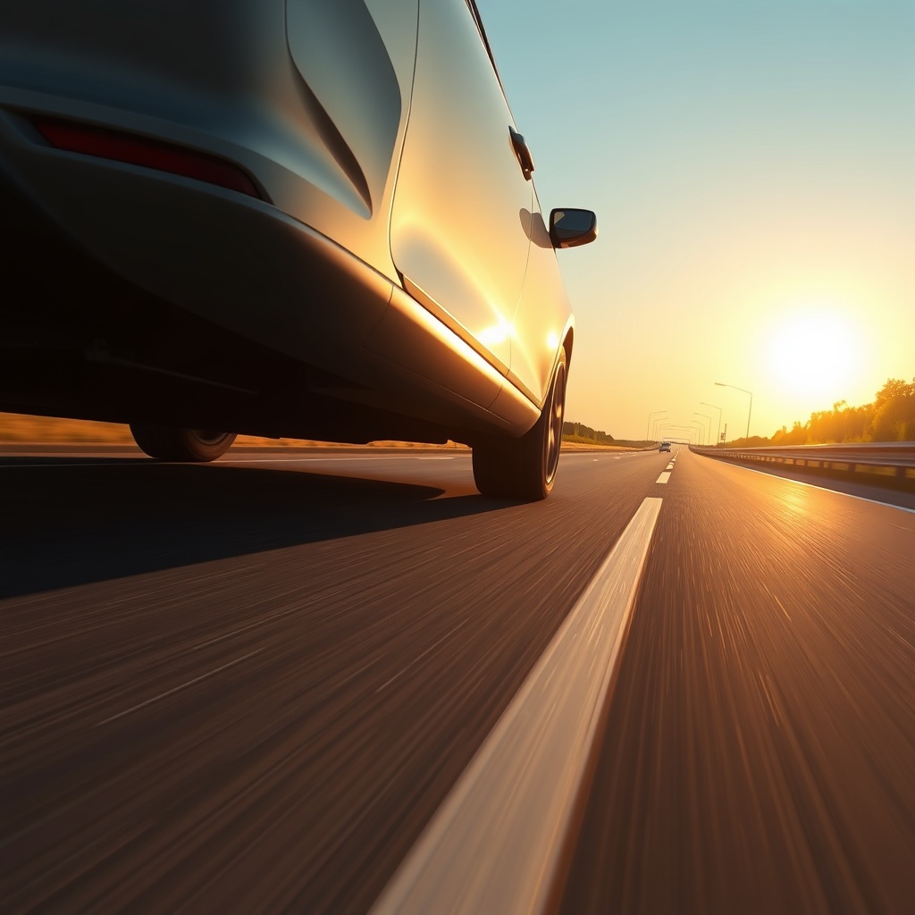 A photorealistic view of a passenger car driving on a sunlit highway at summer