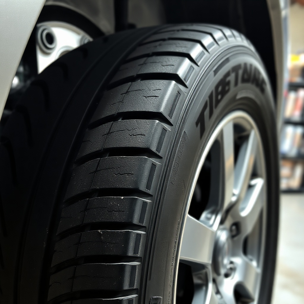 A close-up photorealistic photo of a car tire showing uneven tread wear patterns on the su
