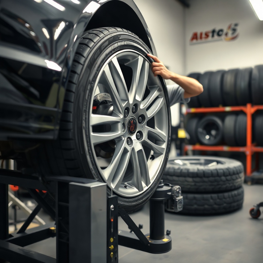 A photorealistic photo of a car wheel on a balancing machine