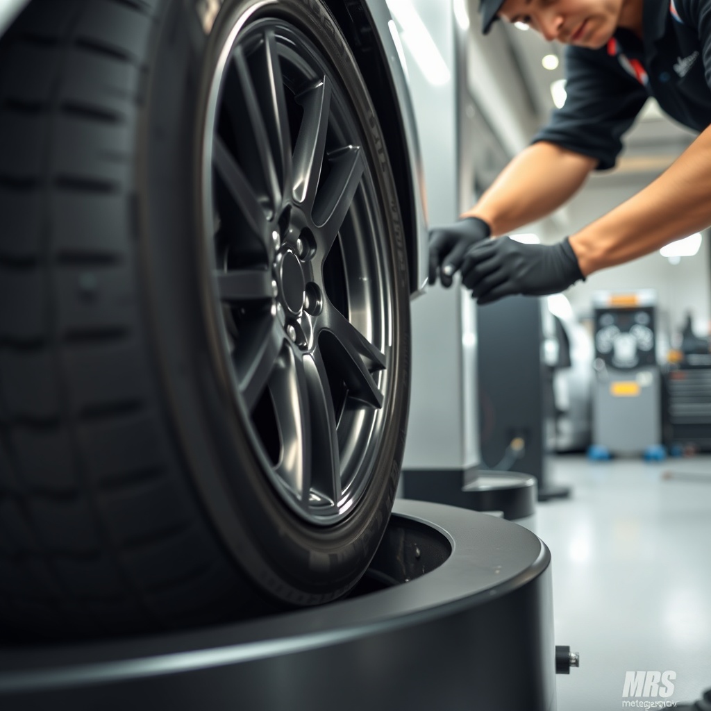 Close up of a Falken Ziex ZE960 AS-01 tire on a balancing machine at a garage