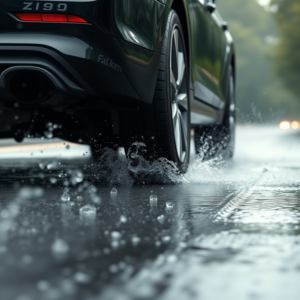Wet road scene with a car equipped with Falken Ziex ZE960 AS-01 tires