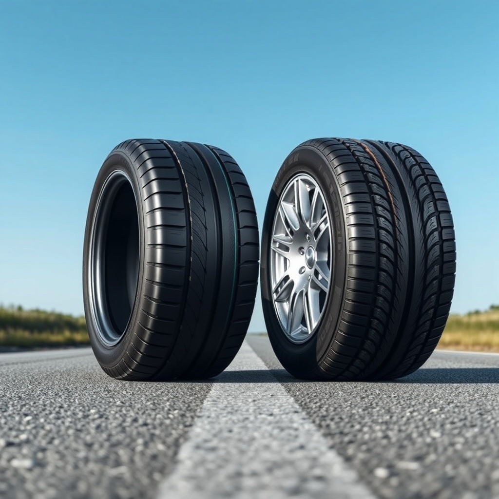 <clean photorealistic photo of Michelin CrossClimate 2 and Bridgestone Turanza T005 tires