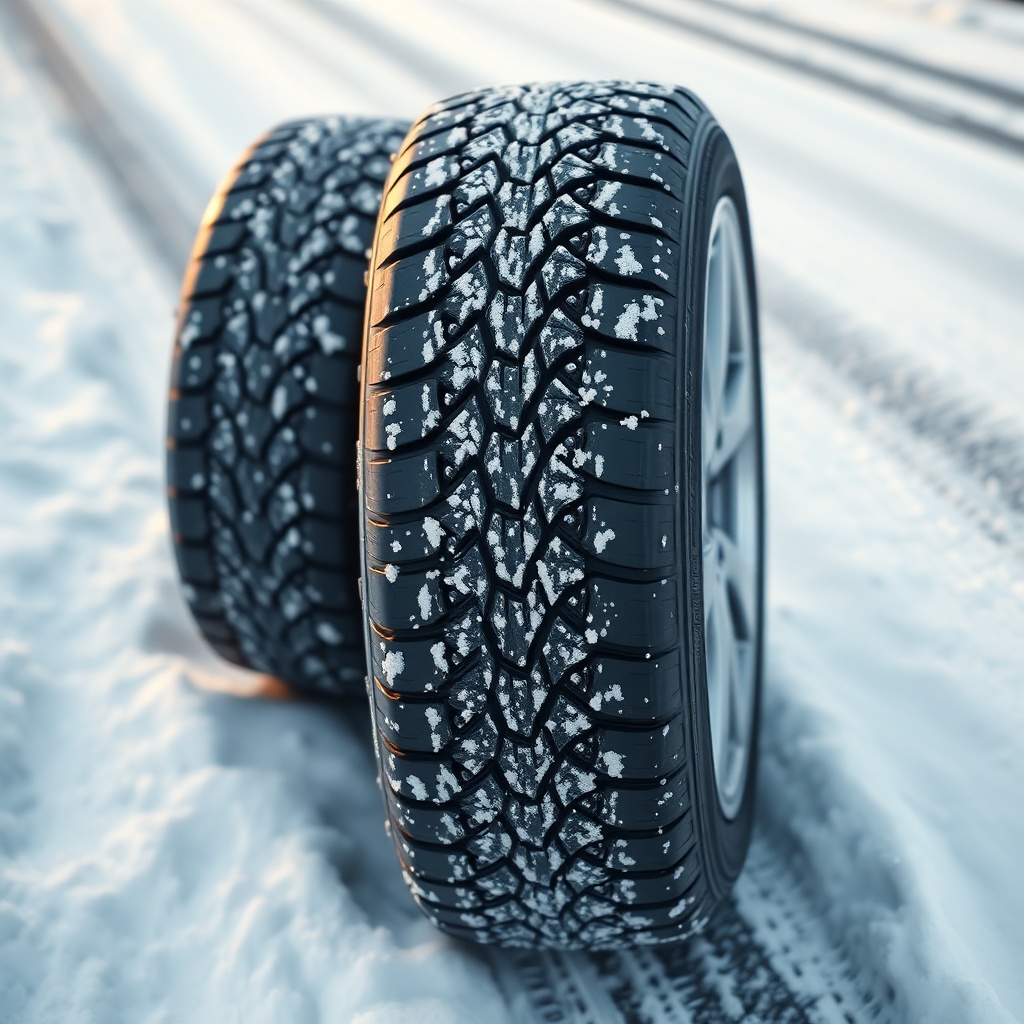 <clean photorealistic photo of two tires on snowy road surface