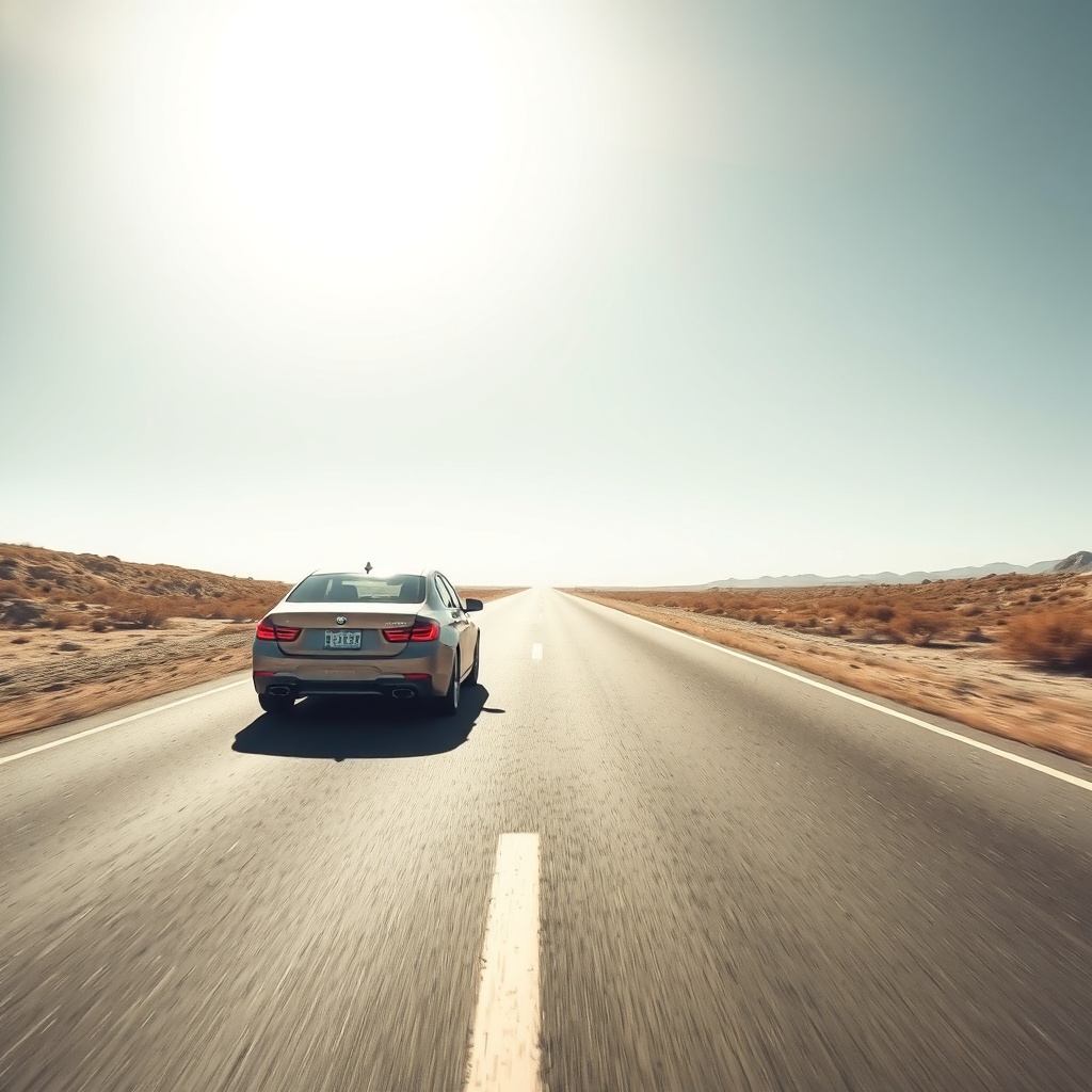 <clean photorealistic photo of a car driving on a hot