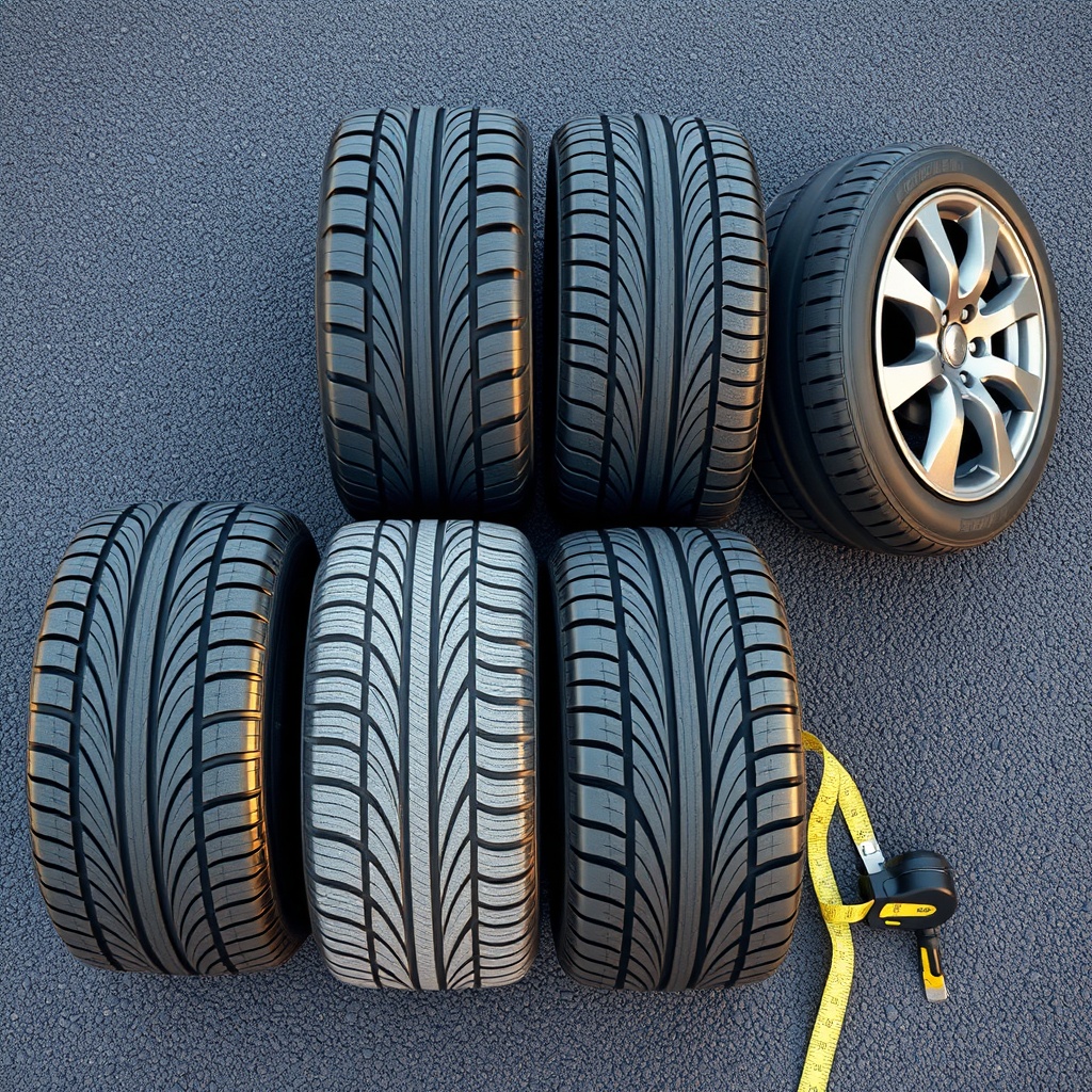 <clean photorealistic photo of four different car tires on a hot asphalt surface