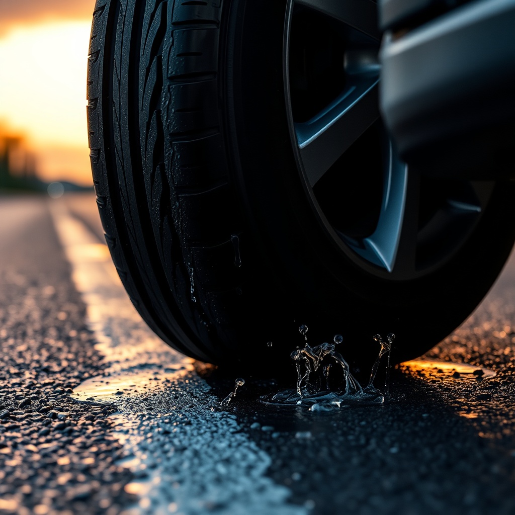 Close-up of a Bridgestone Turanza T005 tire on wet asphalt at dusk