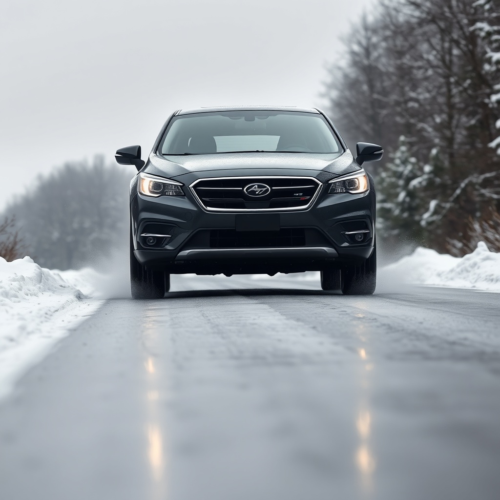 <clean photorealistic photo/illustration of a car driving on a wet road with moderate snow