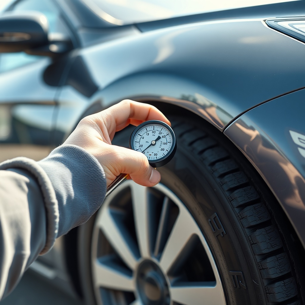 <A photorealistic close-up photo of a hand using a tire pressure gauge on a four-season ti