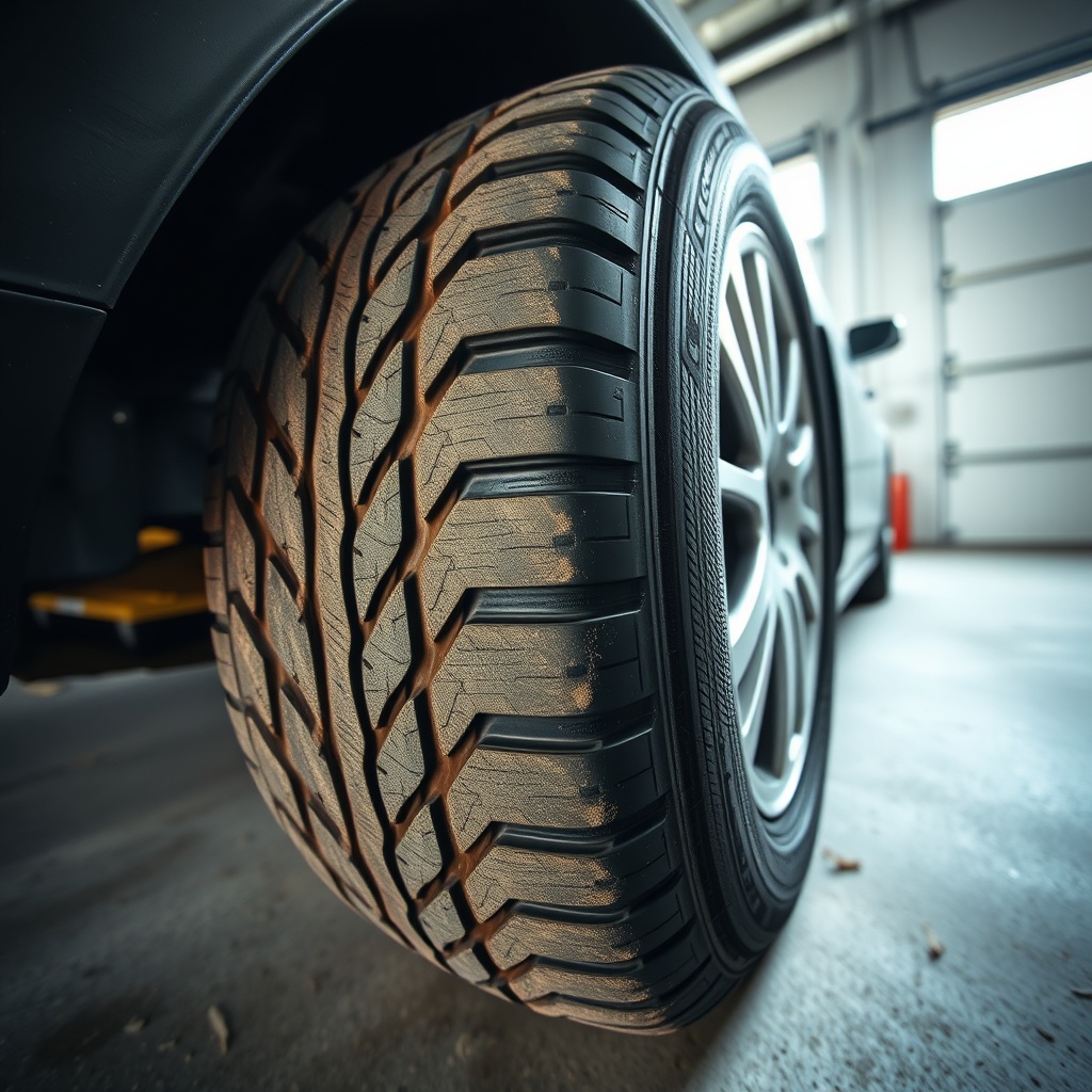 <A photorealistic wide-angle photo of a four-season tire on a car with visible tread wear