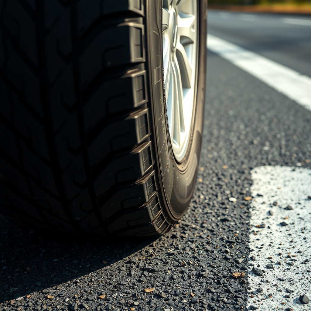A photorealistic close-up of a four-season tire with deep tread patterns and snowflake sym