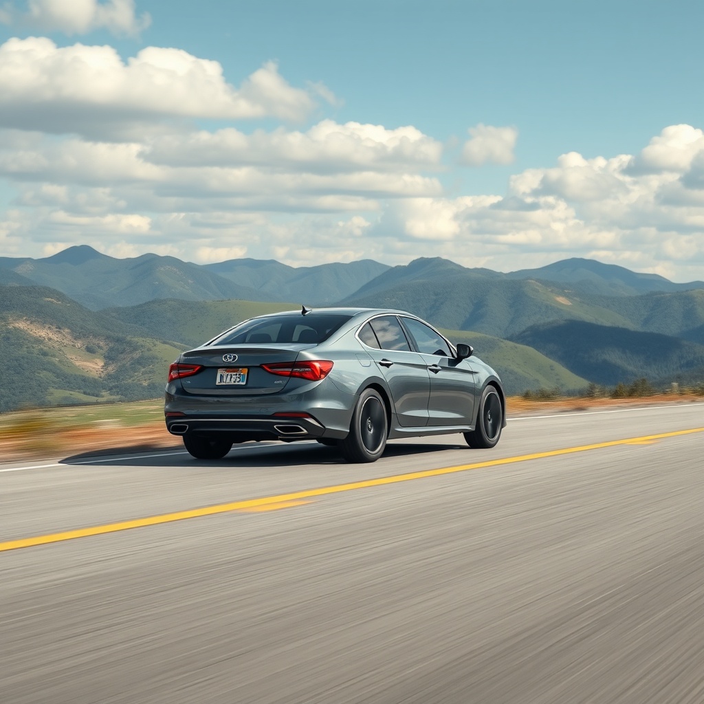 A photorealistic scene of a medium sedan car equipped with four-season tires driving on a