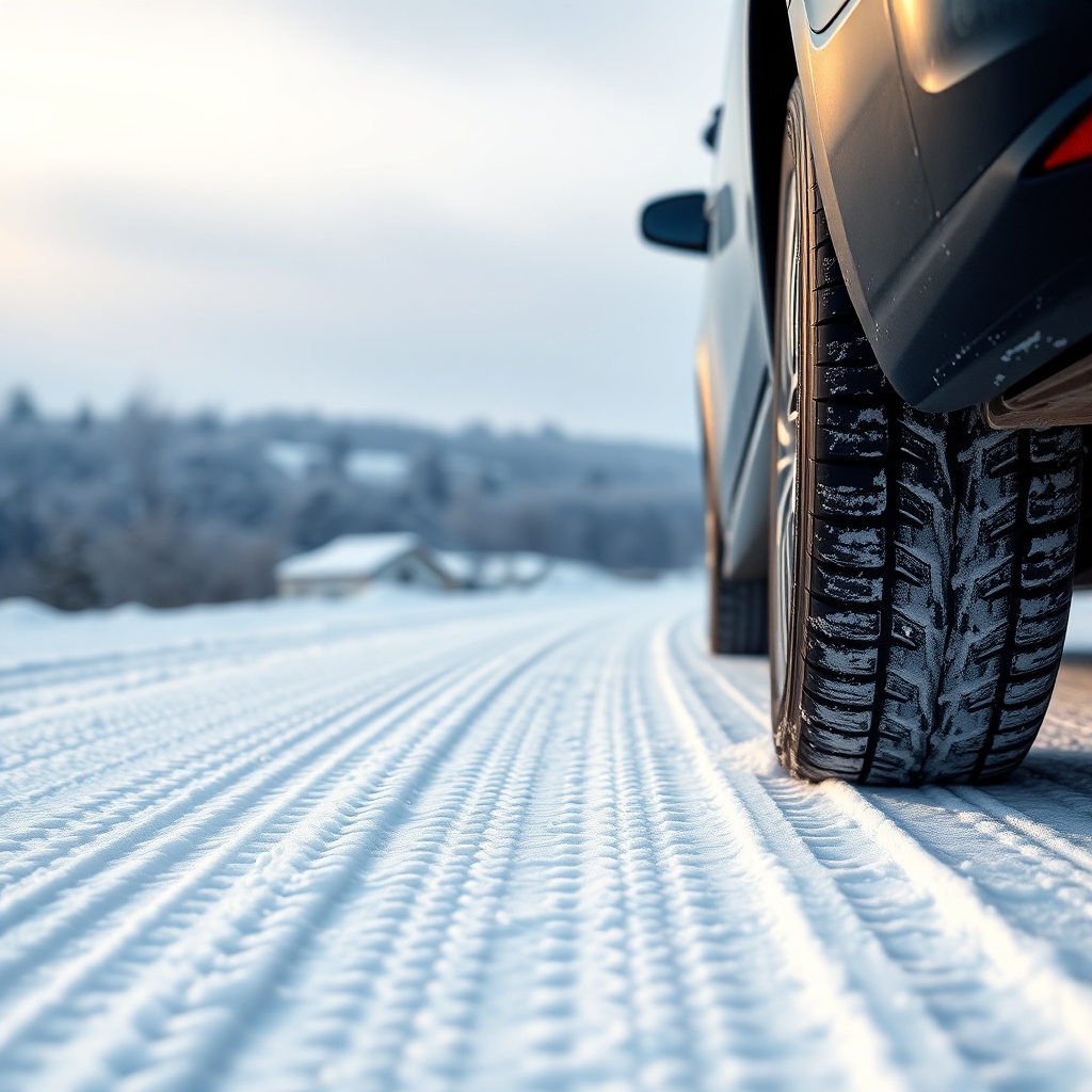 <Photorealistic photo of a car driving on a snowy road with visible tire tracks