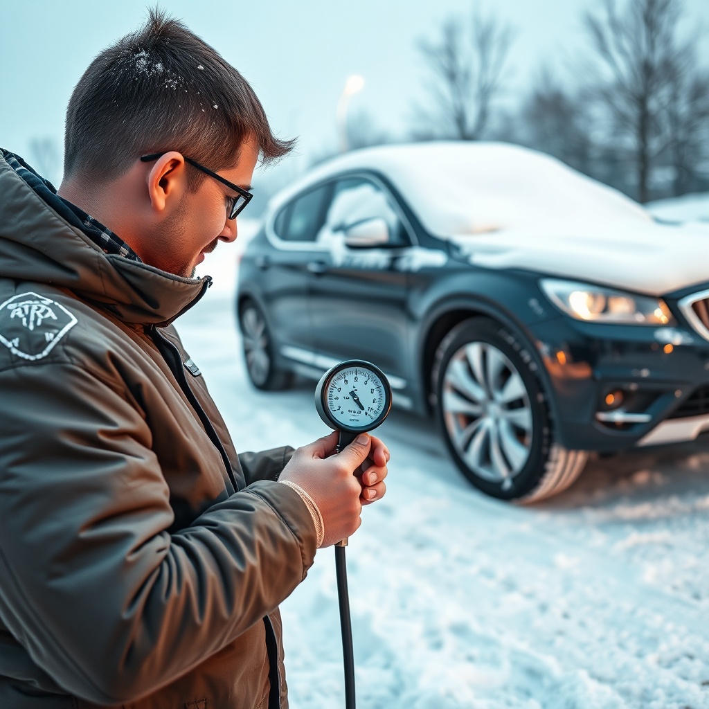 <Photorealistic photo of a person checking tire pressure with a gauge in a snowy parking l