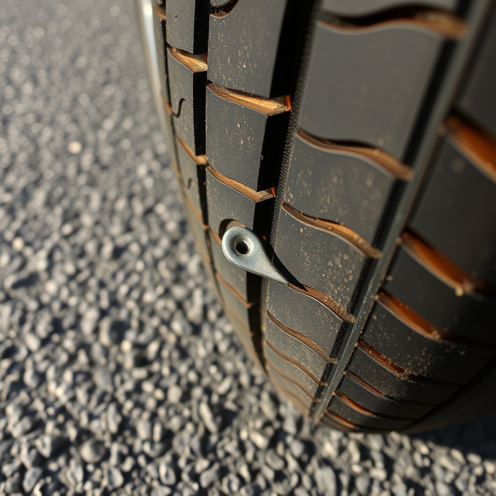 A close-up photo of a car tire with a nail embedded in the tread
