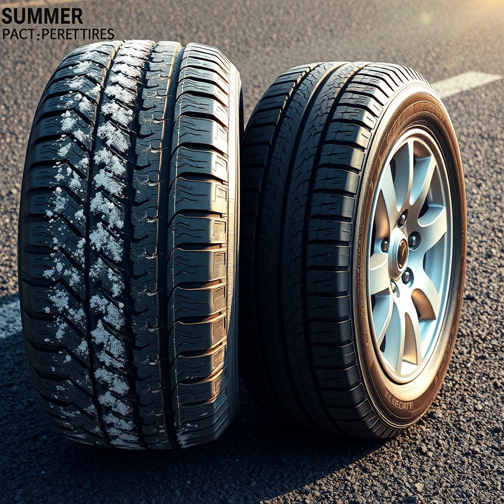 A side-by-side comparison photo of a winter tire and a summer tire on a hot asphalt road