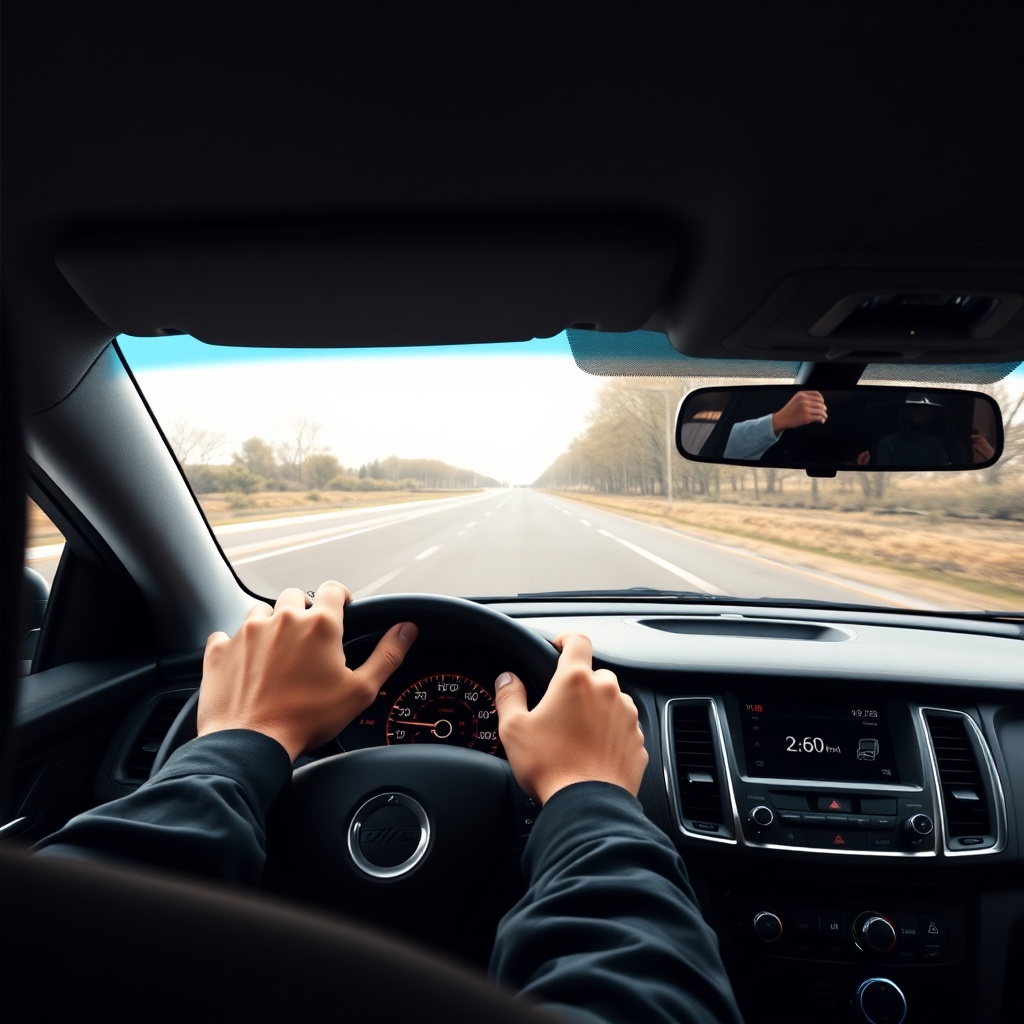 A day-time shot showing a car driving on a freshly paved road