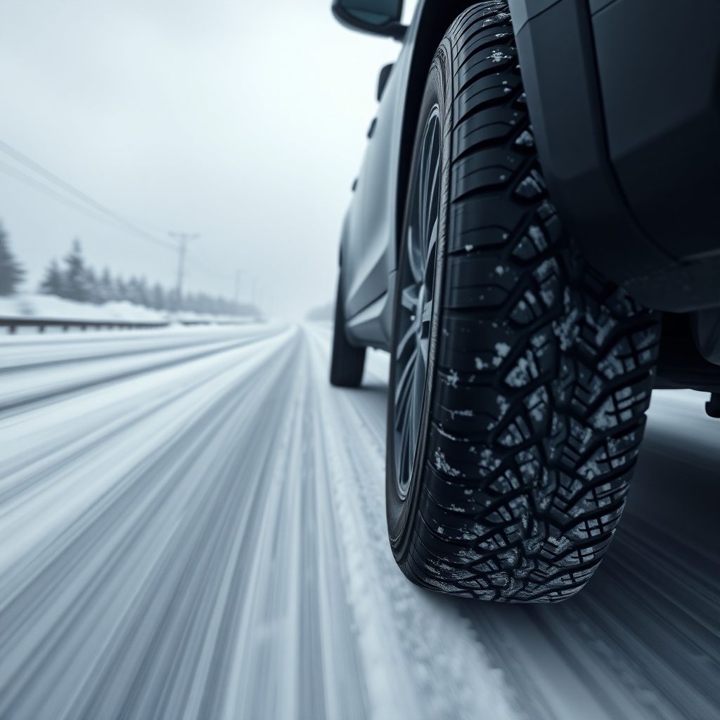 A photorealistic medium shot of a vehicle driving on a snowy road with Michelin CrossClima
