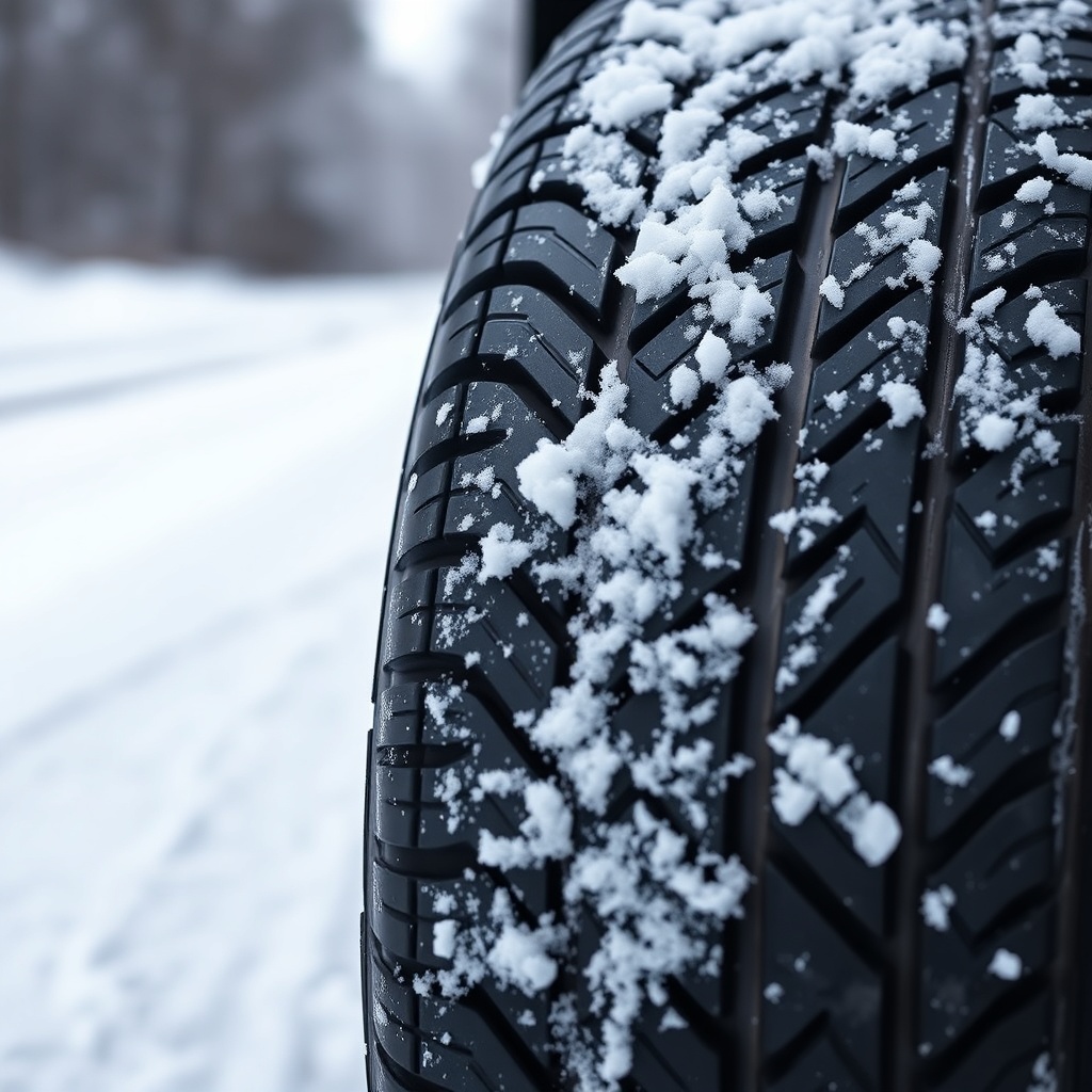 A photorealistic close-up of a Michelin CrossClimate 2 tire on a snowy road