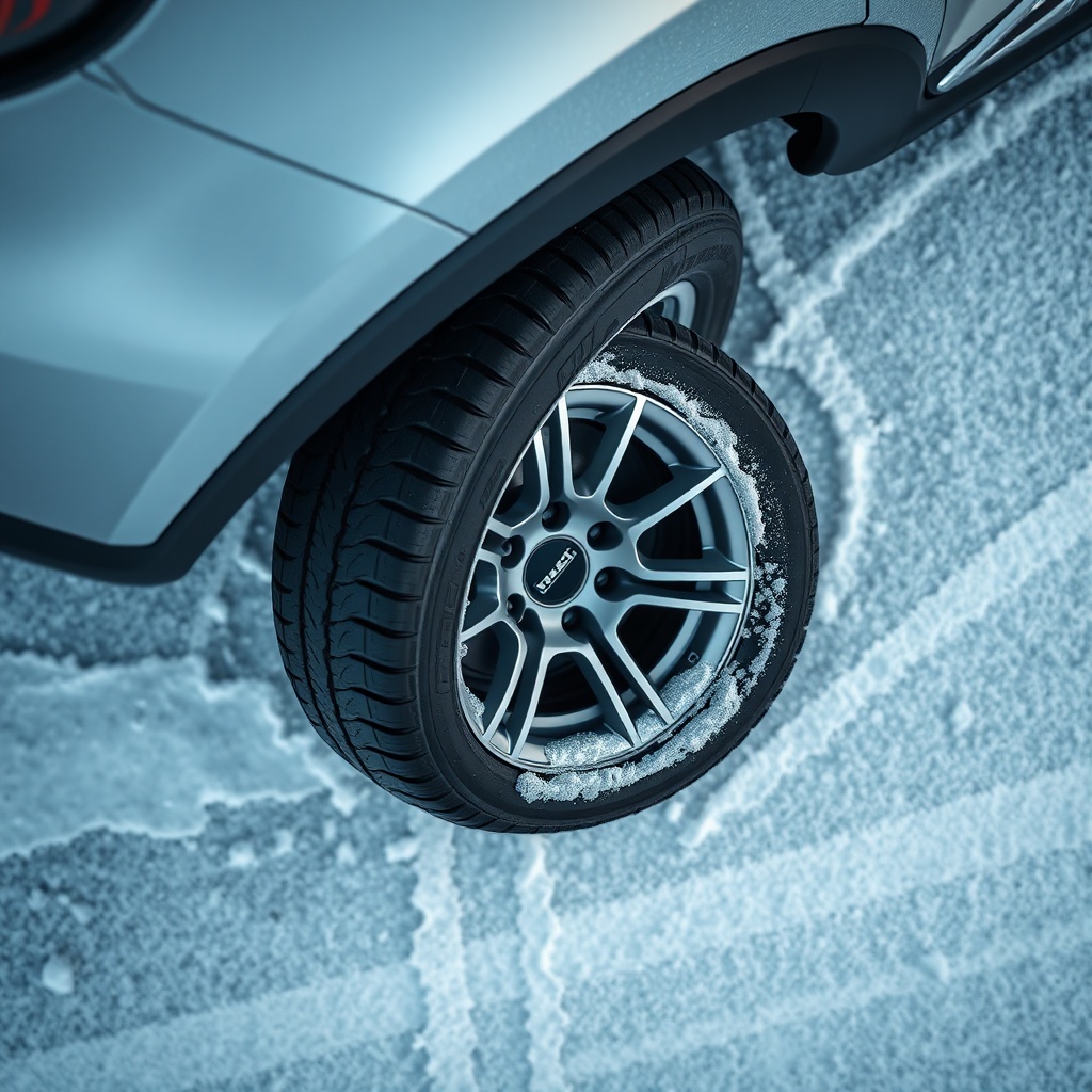 A photorealistic overhead view of a car braking on an icy road