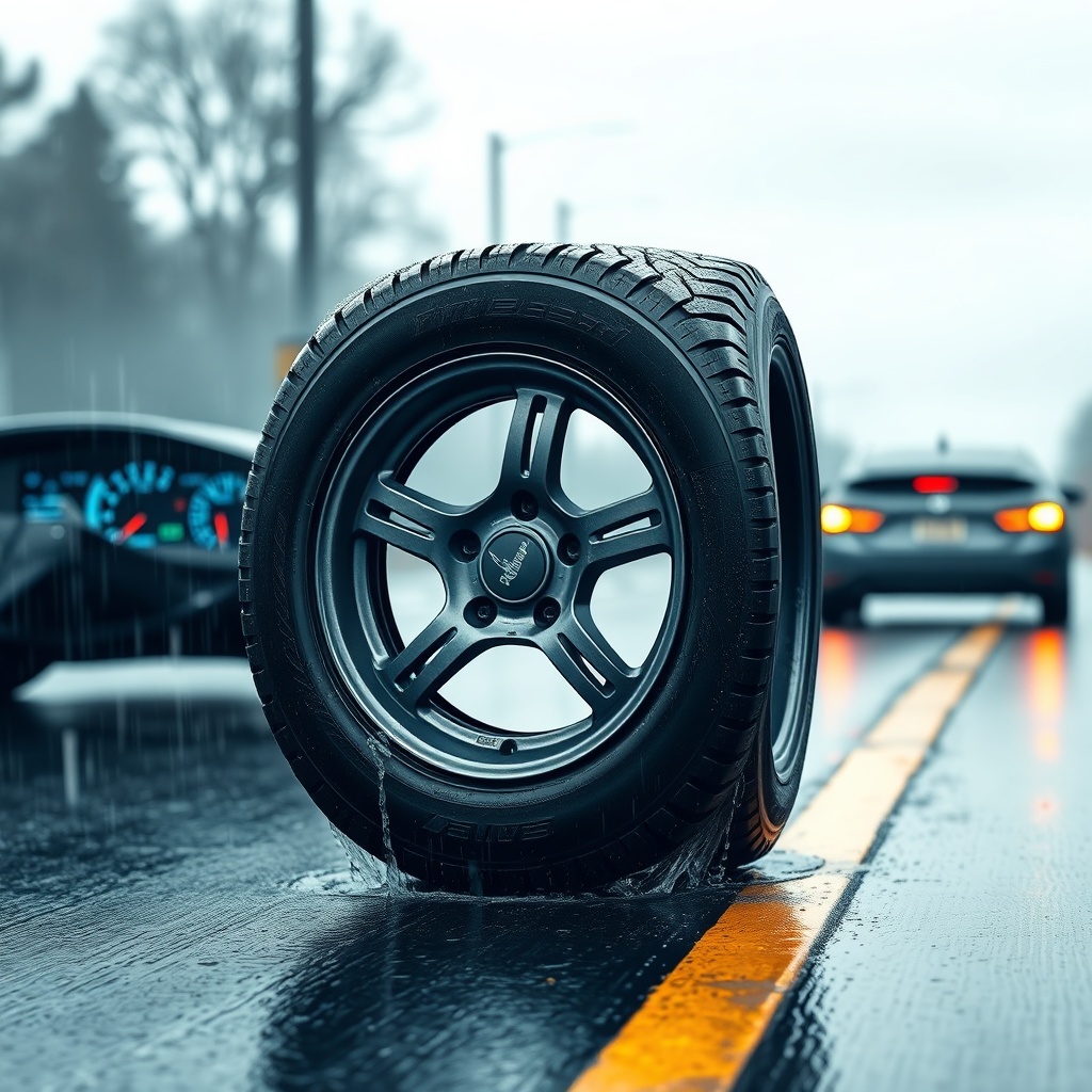 <clean photorealistic photo of a Michelin CrossClimate 2 tire on a rainy highway