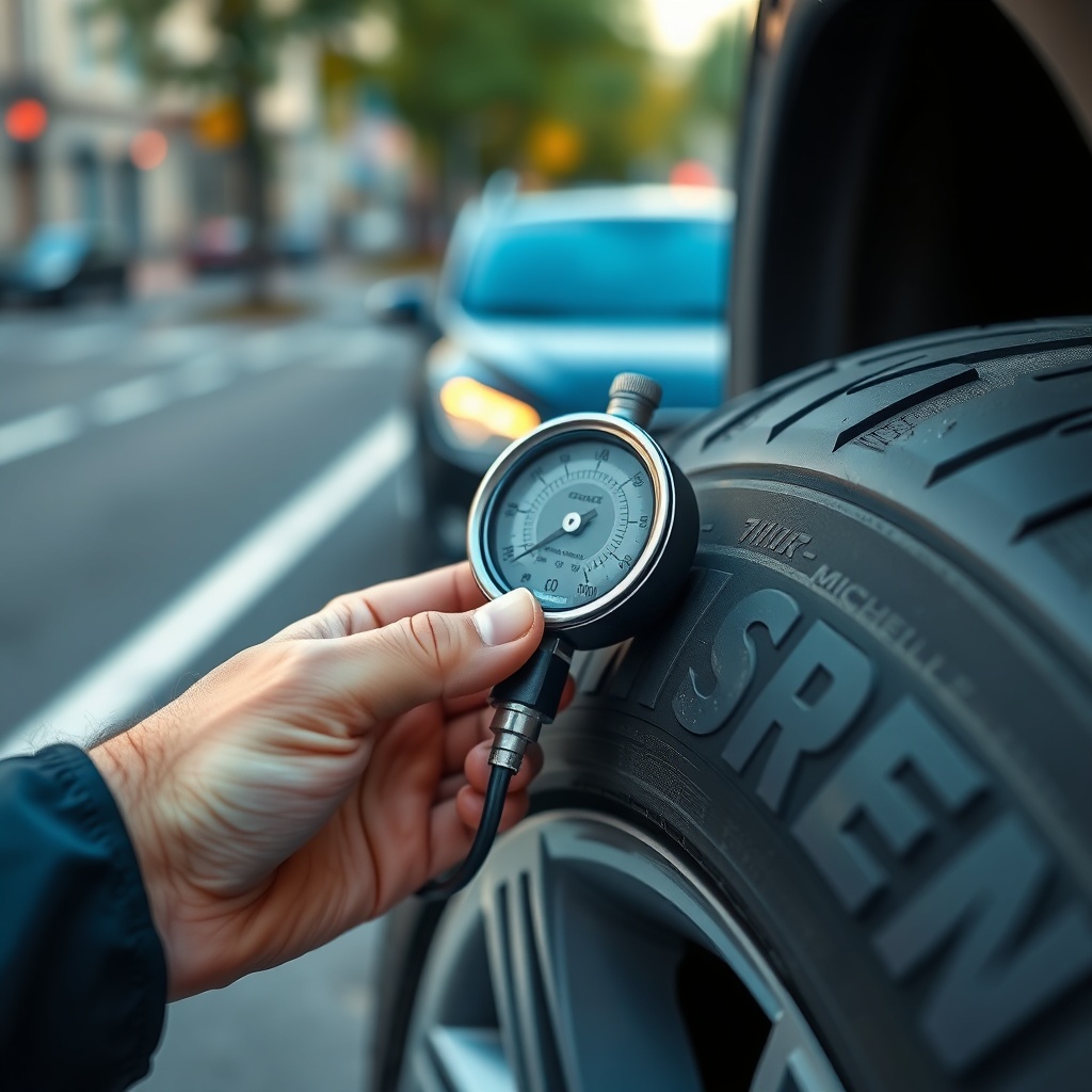 A photorealistic close-up of a hand using a tire pressure gauge on a Michelin CrossClimate